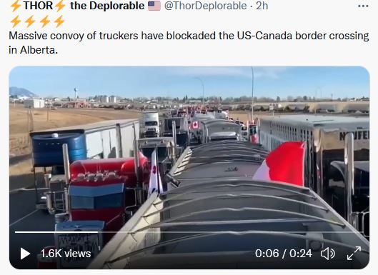 Massive convoy of truckers have blockaded the US-Canada border crossing in Alberta.