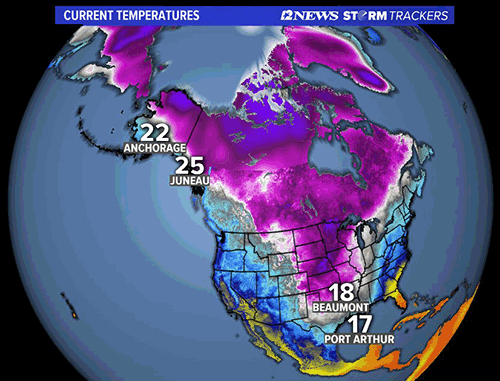 Texas cold snap, weather map, record cold temperatures. 