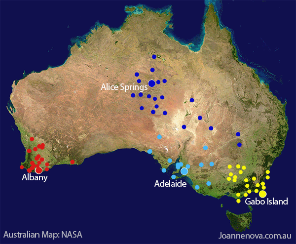 Australian BOM, Bureau of Meteorology, homogenisation of sites. Map.