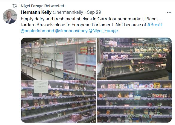 Empty dairy and fresh meat shelves in Carrefour supermarket,