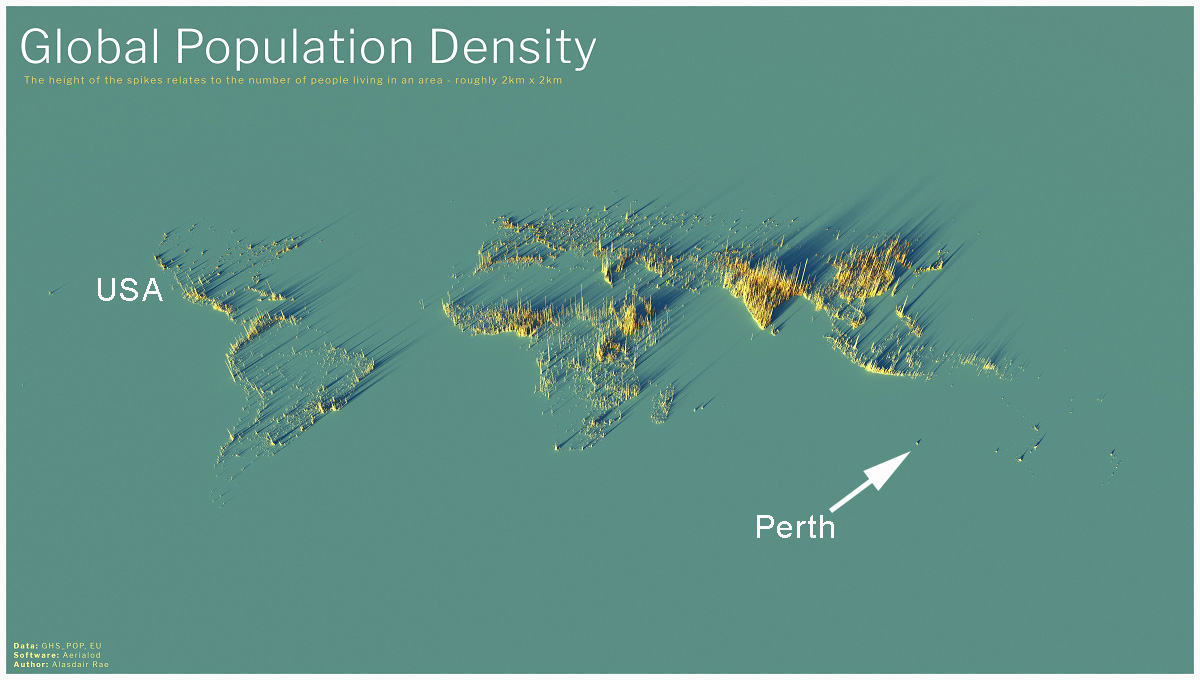 Spike Map of Perth Australia, in world map.