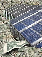 Solar Panels, resting on a river of subsidies. Photo.