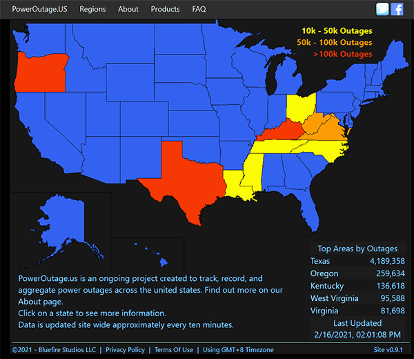 Power blackouts map USA