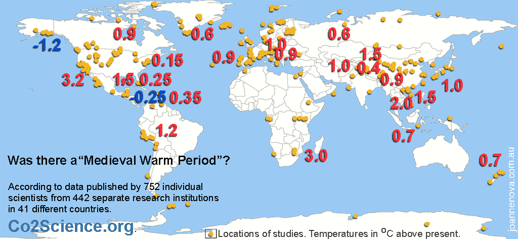 World Map of temperatures and studies showing warming