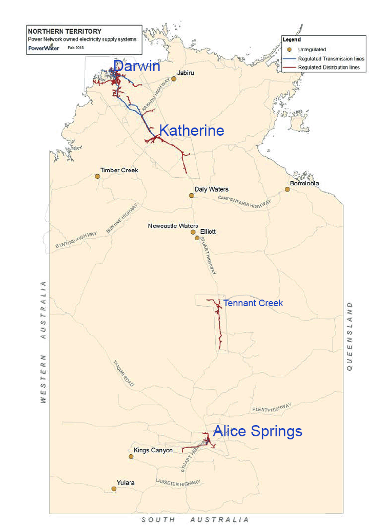 Map of NT electricity Grids, Darwin, Katherine, Alice Springs