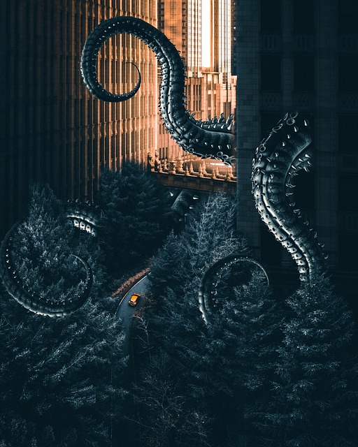 Octopus, City, Dystopian future. Dark power.