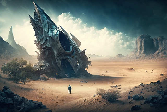 Alien ship, crash, trainwreck, Fantasy. Dystopia. Desert.