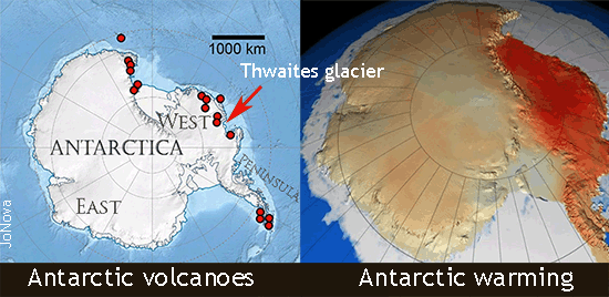 Antarctic Volcanoes, map. cooling, warming.
