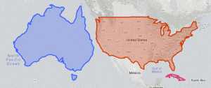 Map comparing the size of Australia to the USA.