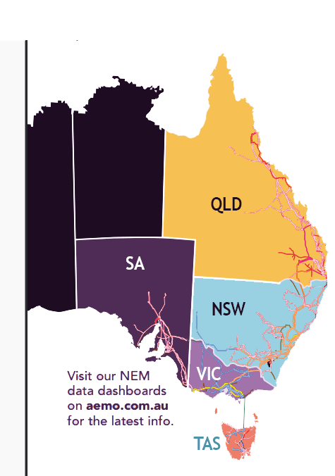 Map Australia, National Energy Market. NEM.