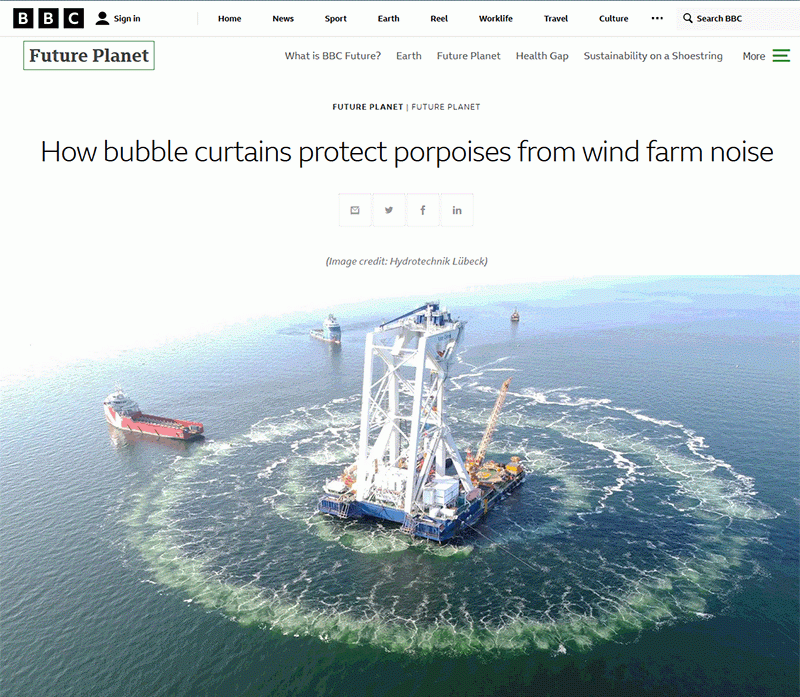 BBC. Bubble Curtains protect porpoises from wind farm noise.