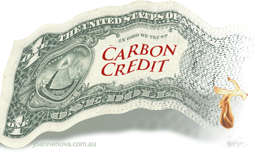 Carbon markets, carbon trading, climate money, burning carbon credit image. Jo Nova.