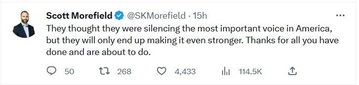 They thought they were silencing the most important voice in America, but they will only end up making it even stronger. Thanks for all you have done and are about to do.