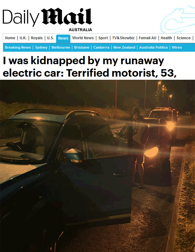 EV car kidnaps driver, headline. repair.