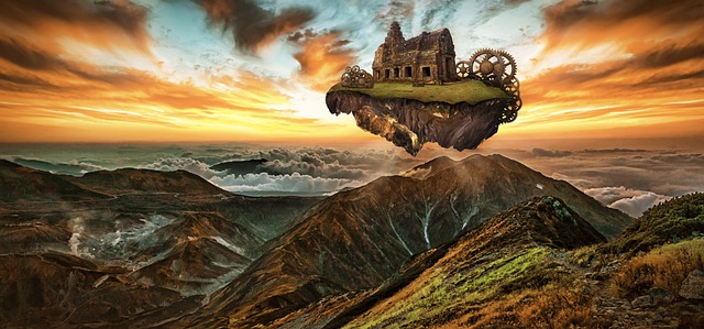 Fantasy, floating, home, house, sky, mountain, surreal, dystopia.
