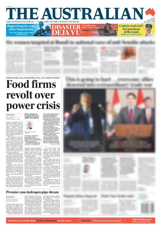 The Australian Front Page: Food firms revolt over Labor’s energy plan