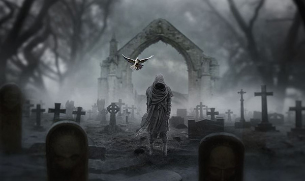 Fantasy art, doom, dark, death, tombstone, cemetary, evil.