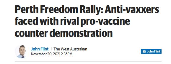 Perth Freedom Rally: Antivaxxers faced with rival pro-vaccine demonstration.