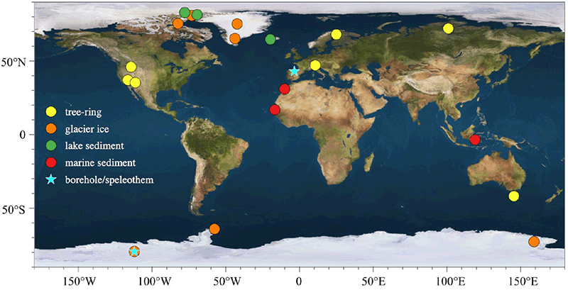 Tree ring proxies and other proxies, Map.