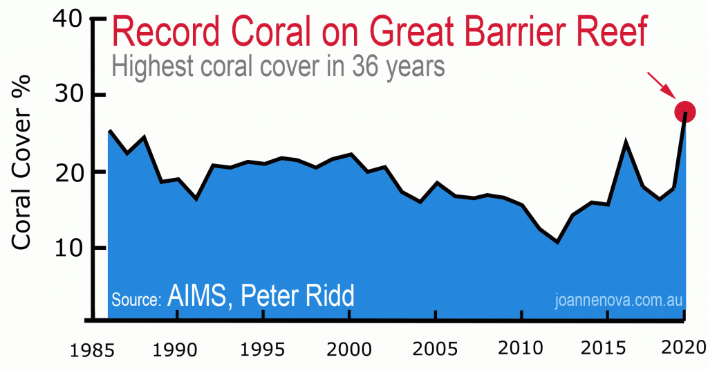 In the last few hours The Great Barrier Reef barely escaped being labeled as "in danger" by a branch of the China-friendly-UN. Go ell us how climate change causes record coral growth?