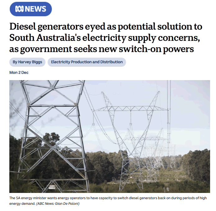 Diesel generators eyed as potential solution to South Australia's electricity supply concerns, as government seeks new switch-on powers