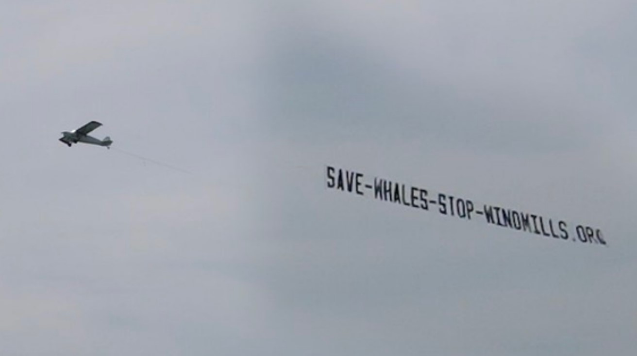 CFACT, Save the Whales banner, plane, 2023.
