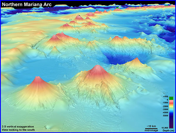 Seamounts, underwater volcanoes. 